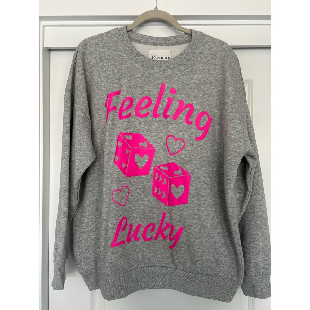No Boundaries Feeling Lucky Heart Dice Sweatshirt XL Gray Neon Pink Graphic Crew